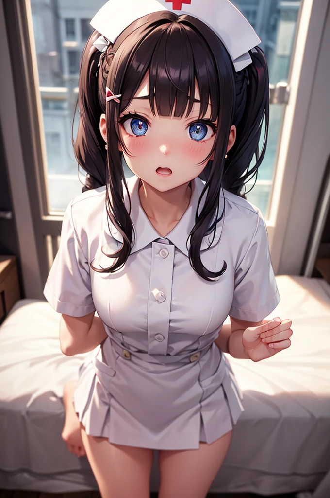 A beautiful girl dressed as a nurse kneeling on a bed using stethoscope, anime girl, (quite adorable magical nurse dress with brief pleated skirt and robe and nurse hat), white lace panties, white lace stockings, dark brown hair, bangs, french braid, long hair, ponytail, wavy hair, asymmetrical bangs, asymmetrical bangs, shiny hair, nurse cap, hairclip, hair ribbon, aqua eyes, glowing eyes, pupils sparkling, earrings, open mouth, embarrassed, blush, nervous, surprised, glossy lips, worried, high detail, anime, anime style, depth of field, cinematic lighting, dithering, image fill, first-person view, dutch angle, from behind, (rear view), from below, (whole body), atmospheric perspective, perspective, Wide-Angle, f/1.8, 85mm, Nikon, 8k, super detail, UHD, retina, masterpiece, accurate, anatomically correct, textured skin, high details, best quality, highres