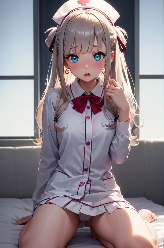 A beautiful girl dressed as a nurse kneeling on a bed using stethoscope, anime girl, (quite adorable magical nurse dress with brief pleated skirt and robe and nurse hat), white lace panties, white lace stockings, dark brown hair, bangs, french braid, long hair, ponytail, wavy hair, asymmetrical bangs, asymmetrical bangs, shiny hair, nurse cap, hairclip, hair ribbon, aqua eyes, glowing eyes, pupils sparkling, earrings, open mouth, embarrassed, blush, nervous, surprised, glossy lips, worried, high detail, anime, anime style, depth of field, cinematic lighting, dithering, image fill, first-person view, dutch angle, from behind, (rear view), from below, (whole body), atmospheric perspective, perspective, Wide-Angle, f/1.8, 85mm, Nikon, 8k, super detail, UHD, retina, masterpiece, accurate, anatomically correct, textured skin, high details, best quality, highres