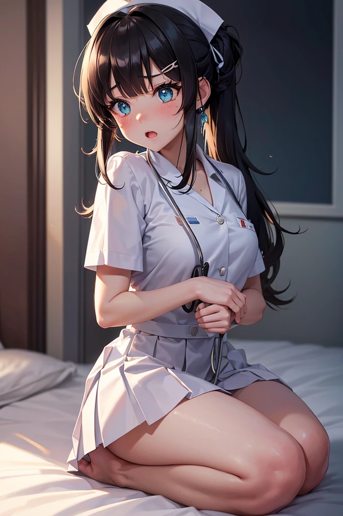 (masterpiece,ultra-detailed,best quality,8K,CG,illustration,shaved:1.0),(1girl:1) 、Dark Room、bedroom、Sexy gestures and faces、Sexy, jyojifuku,nurse