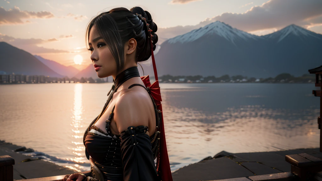 GEISHA- SEXY- LIFTED KIMONO- UPPER BODY- THICK THIGHS- TEMPLE- MEDIEVAL- SWORDS- WARRIOR- SEXY FACE- DETAILED HD- LOW FRAME - BEAUTIFUL- garter belt- DETAILED CORCELET- REAR- LOW ANGLE- SUNSET IN BACKGROUND
