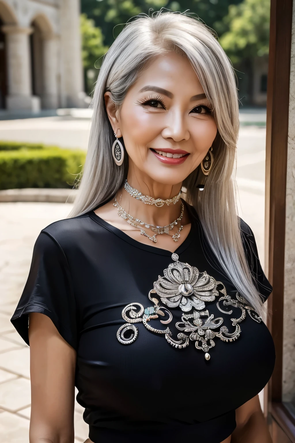 75 years old mom milf Chinese Lady large earring Big choker navel piercing decoration A bracelet realisitic Gorgeous Madame Beautiful Mature Woman sexly Smile Gentle woman navel piercing 4K High quality Gorgeous Madame Beautiful Mature Woman