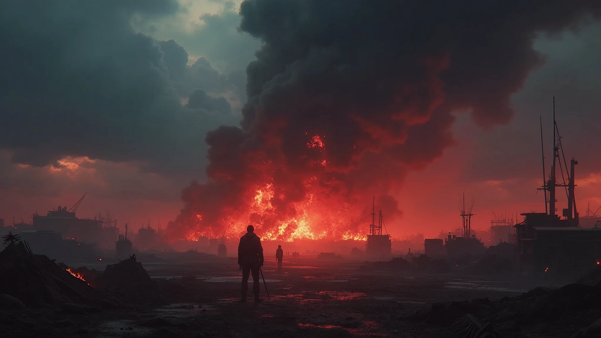 best quality，masterpiece，Ultra-high resolution, (Reality:1.4), RAW photos，Realistic style，Night，Smoke in the sky，There is blood all around，A battlefield full of，Attack on Titan style，No characters are added