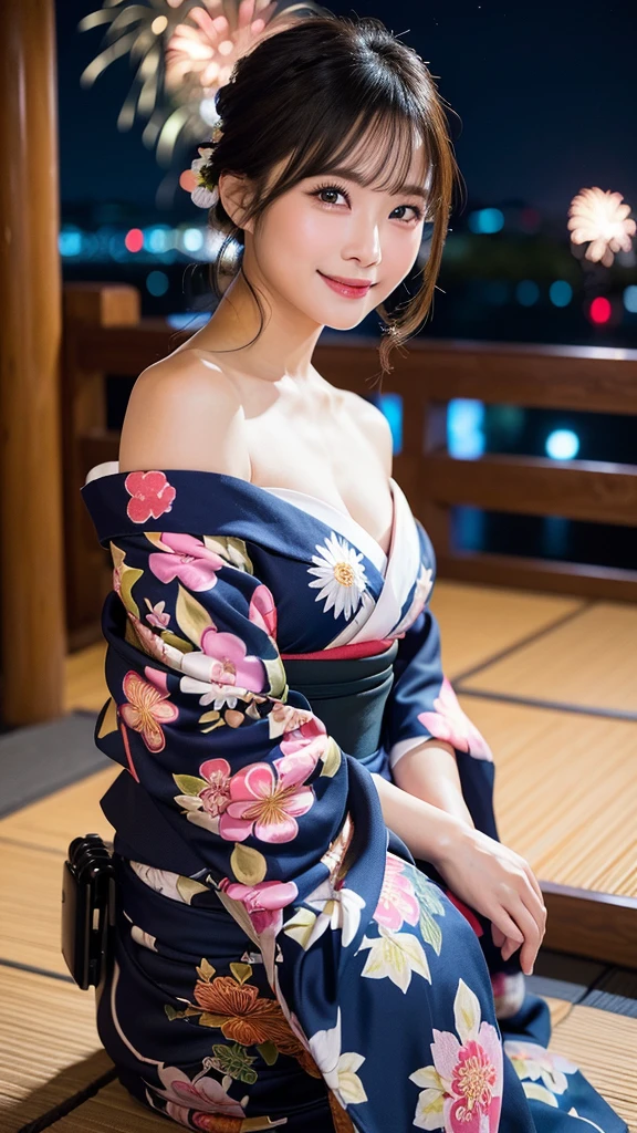 (8k、RAW Photosgraphy、Highest quality、masterpiece:1.2)、(Realistic、Photorealistic:1.37)、Ultra-high resolution、One Girl、cute、solo、night、Sitting、date、(Nose redness)、(Laughter:1.1)、huge 、Beautiful Eyes、(((Fireworks bursting into the sky、night)))、(((kimono、yukata)))、Cleavage、Perfect body、Perfect Fingers、Professional Lighting、Japanese Goddess、gravure、Detailed face and skin texture、Detailed eyes、RAW Photos,Sexy pose,((I can see your chest)),((I can see your shoulders)),((Off the shoulder)),Take off your yukata,Sitting on the floor,Spread your legs,Cleavageが見える