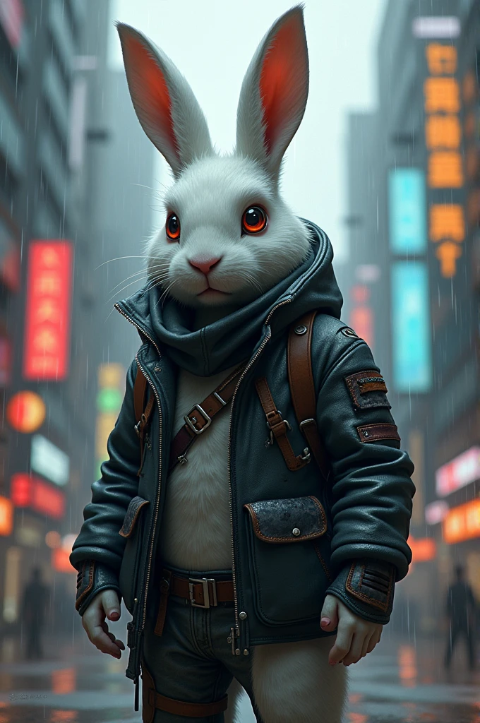 An adult white rabbit stands in a cyberpunk city, in the rain. He's wearing a cyberpunk style jacket. The rabbit has an augmentation on his right eye and a lot of scars.