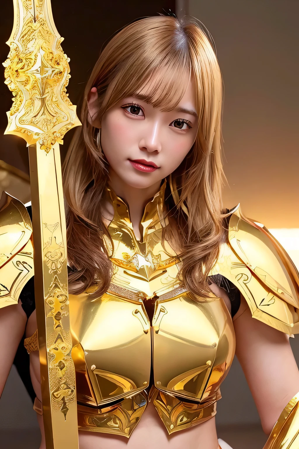 a close up of a woman in a Gold Armor with a sword, angelic Gold Armor, paladin Gold Armor, Gold Armor, Gold Paladin, Gold Armor, Gold Armor, Gorgeous bikini armor, Gold Armor, wearing Gold Armor, Bikini armor female knight, light Gold Armor, heavy Gold Armor, Glowing Armor, Gold heavy armor. dramatic