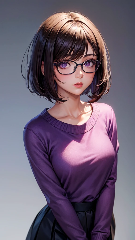 best quality, cartoon_portrait, 1girl, solo, looking at viewer, short hair, simple background, brown hair, bob cut, purple eyes, closed mouth, glasses, purple sweater and blue skirt , lips, swept bangs, black background, red lips,