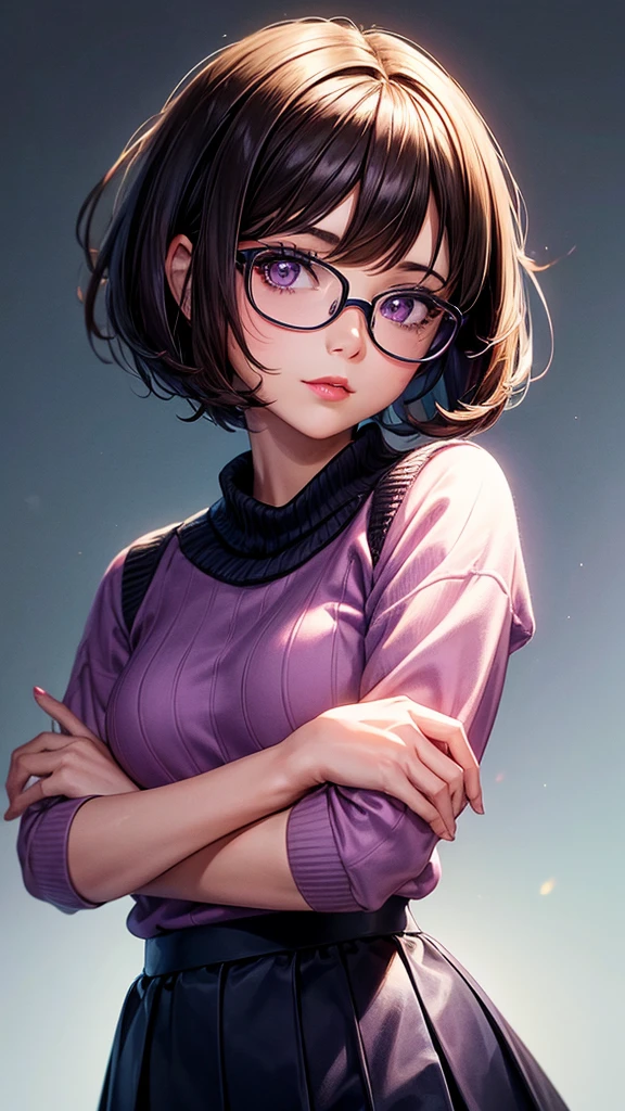 best quality, cartoon_portrait, 1girl, solo, looking at viewer, short hair, simple background, brown hair, bob cut, purple eyes, closed mouth, glasses, purple sweater and blue skirt , lips, swept bangs, black background, red lips,