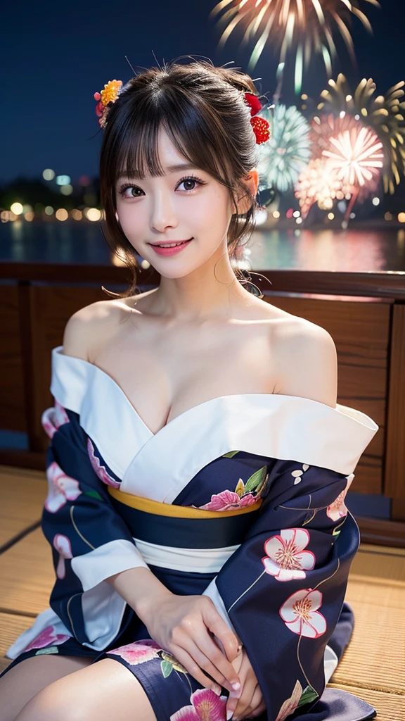 (8k、RAW Photosgraphy、Highest quality、masterpiece:1.2)、(Realistic、Photorealistic:1.37)、Ultra-high resolution、One Girl、cute、solo、night、Sitting、date、(Nose redness)、(Laughter:1.1)、huge 、Beautiful Eyes、(((Fireworks bursting into the sky、night)))、(((kimono、yukata)))、Cleavage、Perfect body、Perfect Fingers、Professional Lighting、Japanese Goddess、gravure、Detailed face and skin texture、Detailed eyes、RAW Photos,Sexy pose,((I can see your chest)),((I can see your shoulders)),((Off the shoulder)),Take off your yukata,Sitting on the floor,Spread your legs,Cleavageが見える