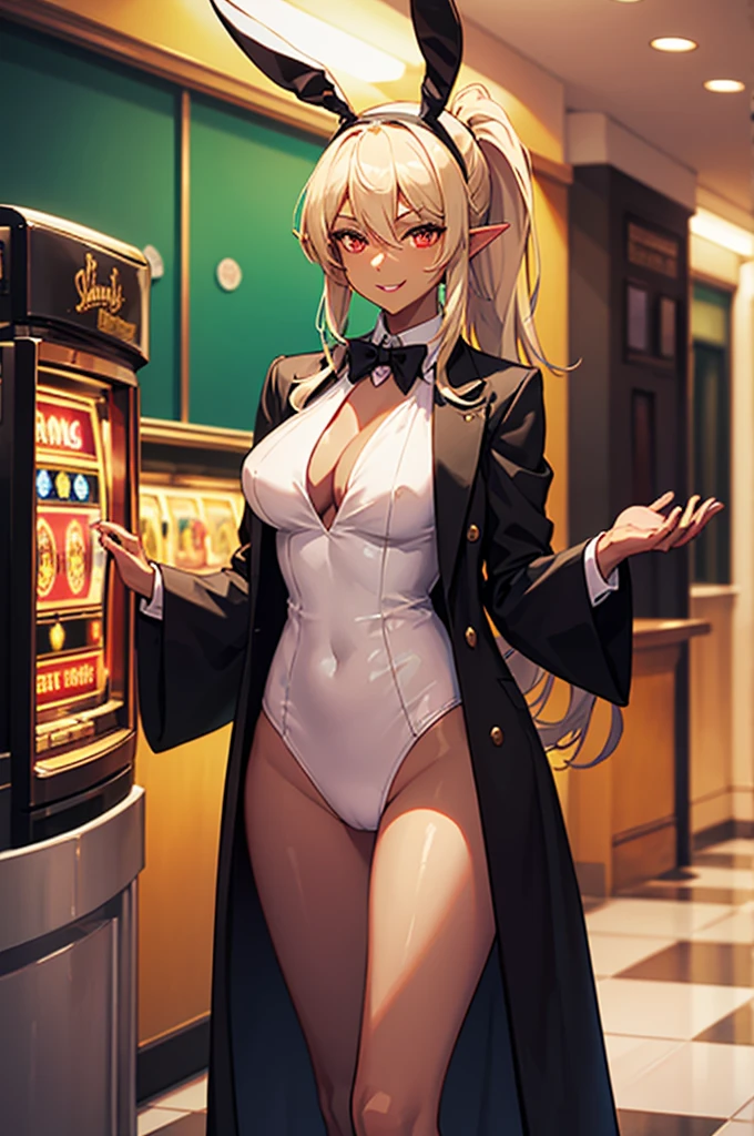 Beautiful images,Detailed Images,Official image,Casino Background,Slot machine corner,One Woman,Blonde,Red Eyes,Ponytail Hair,Model body type,(Dark Skin:1.3),Elf Ears,Large Breasts,(Black bunny ears headband,Black tailcoat bunny girl suit:1.1),Smile small,