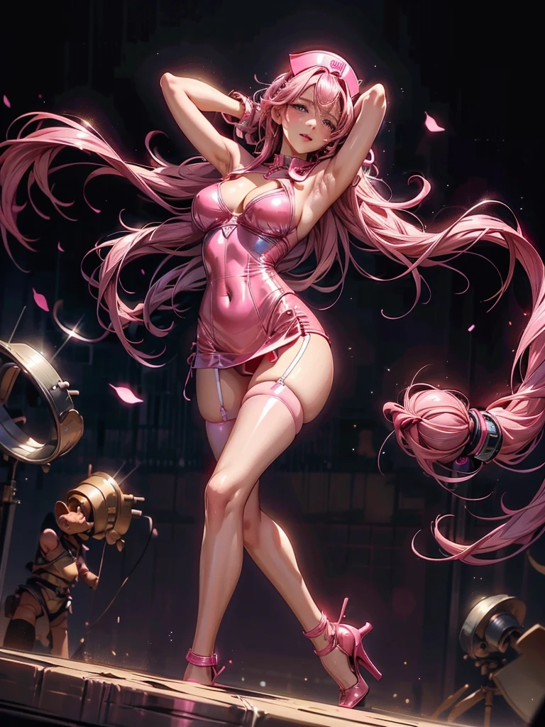 anime girl in shiny pink latex tube dress posing for camera, showing lots of skin, seductive anime girl, beautiful woman, excited and blushing, detailed face, (nurse hat), long pink hair, looking down at camera, 8k, very detailed, (visible string thong), cleavage, (long pink latex gloves), pink latex stockings, garters, strip club background, dark, spotlight on girl, on stage, upskirt camera shot, (hands behind head, armpits exposed, one leg up, visible thong), collar, open chest, tits prominent, bellybutton, high heels, giant , exposed hips