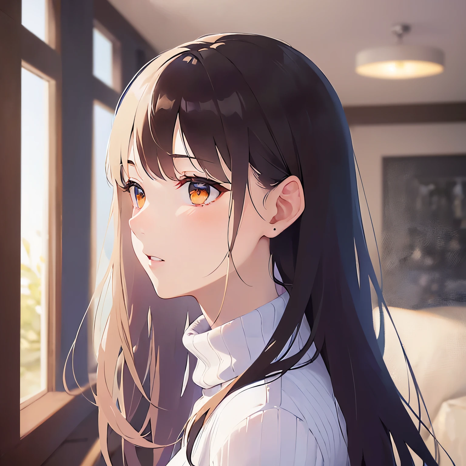 (looking away:1.5)Upper Body, Side view Realistic, real person, (pale skin: 1.2), RAW photo, photorealistic, shiny skin, shiny hair、
(A 25-year-old woman with medium-length hair and bangs) and (wavy hair) and (brown hair) and (orange eyes),
(White turtleneck long sleeve:1.5)
open mouth.The background is the living room at night
