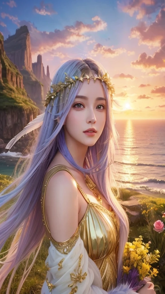 Aphrodite Shining Feather Fantasy Heavenly landscape goddess Around 20 years old Face forward Hair color is golden