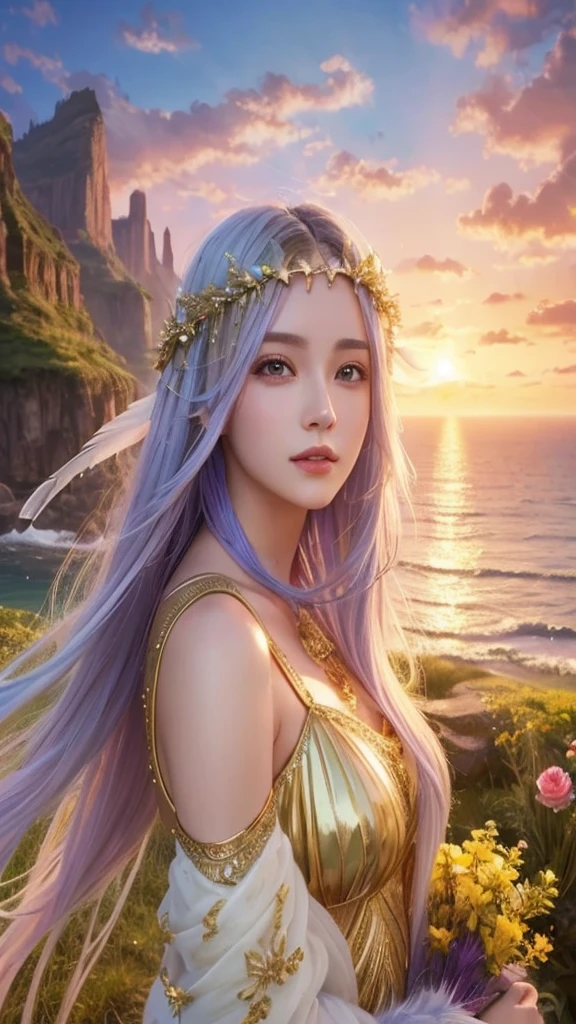 Aphrodite　Shining Feather　Fantasy　Heavenly landscape　goddess　Around 20 years old　Face forward　Hair color is golden