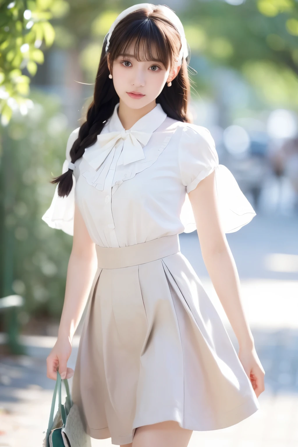 (masterpiece), (最high quality), (Very detailedな), (Best Shadow), (photoRealistic:1.4), Frilled blouse, skirt, white ankle socks, (((((A long shot of a woman walking slowly))))), high quality, masterpiece, Very detailedな, High resolution, 4K, 超High resolution, Detailed Shadows, Ultra-realistic, Dramatic lighting, One Girl, alone, Detailed face, Realistic eyes, Realistic Skin, Dynamic Hair, Dynamic pose, Dynamic Angle, White floral dress, White Background, Urzan-6500-v1.1, (RAW Photos:1.2), ( Realistic:1.4), Beautiful detailed girl, Very detailed eyes and face, Beautiful attention to detail, Ridiculous, incredibly Ridiculous, Large file size, Very detailedな, High resolution, Very detailed, 最high quality, (Bright interior), (Soft Light), (Low contrast), (Shallow depth of field), (portrait of a beautiful woman illuminated by gentle light), (Very delicate and elegant depiction), (Short bangs), (Hair color is dark chestnut with a slight brown tinge), (Hair with subtle and gentle waves), (Small, intricate braids on the side of long hair), (Decorated with thin ribbons), ( White blouse with small frills), (bow tie), (青いロングskirt), (White short ankle socks), shape, Very detailed, CG, Unified, 8k wallpaper, wonderful, Finer details, 最high quality, Very detailed CG Unified 8k wallpaper, Face Light, Cinema Lighting, One Girl, ************,
