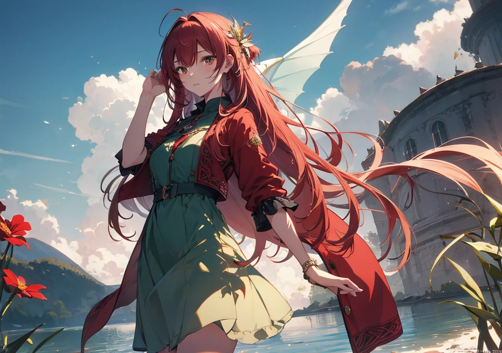 Realistic photos, Focus distance 10mm, Red and white, Beautiful girl, Realistic photos, Shooting at focus distance 10mm, masterpiece, 最high quality, high quality, Very detailed CG 8k wallpaper unit, Award-winning photography, Depth of written boundary, High resolution, bloom, chromatic aberration, Realistic, Very detailed, Art Station Trends, CGsociety Trends, Complex, High detail, dramatic, Art on the go, volumetric lighting, A beautiful red-haired girl is flying over a beautiful lake on a magnificent dragon with emerald-green scales. She is wearing a blue dress with Celtic motifs, and her hair is blowing in the wind. The full moon is reflected on the lake surface, and mist is hanging over it