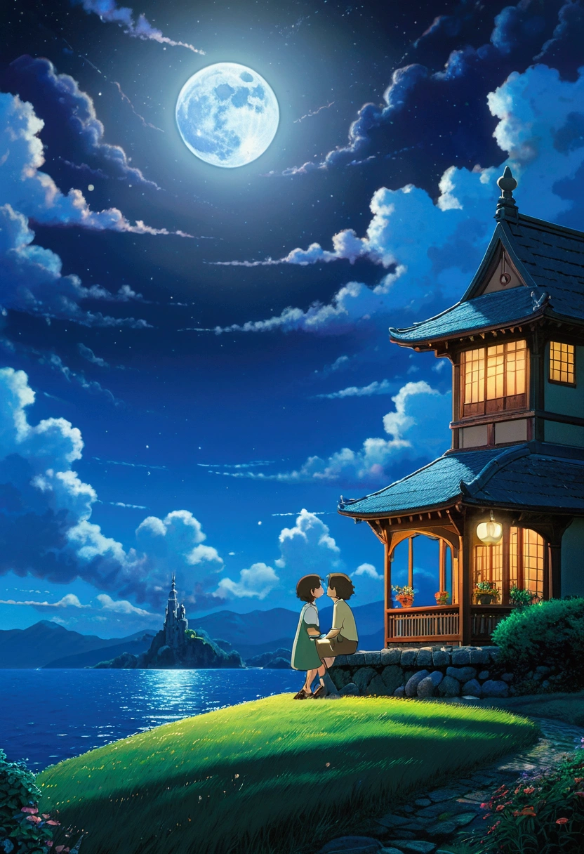 Moonlit Confession, lovers, by Studio Ghibli Style, cinematic still, dynamic movement, surreal, (best quality, masterpiece, photorealistic), very aesthetic, perfect composition, intricate details, ultra-detailed, vivid colors