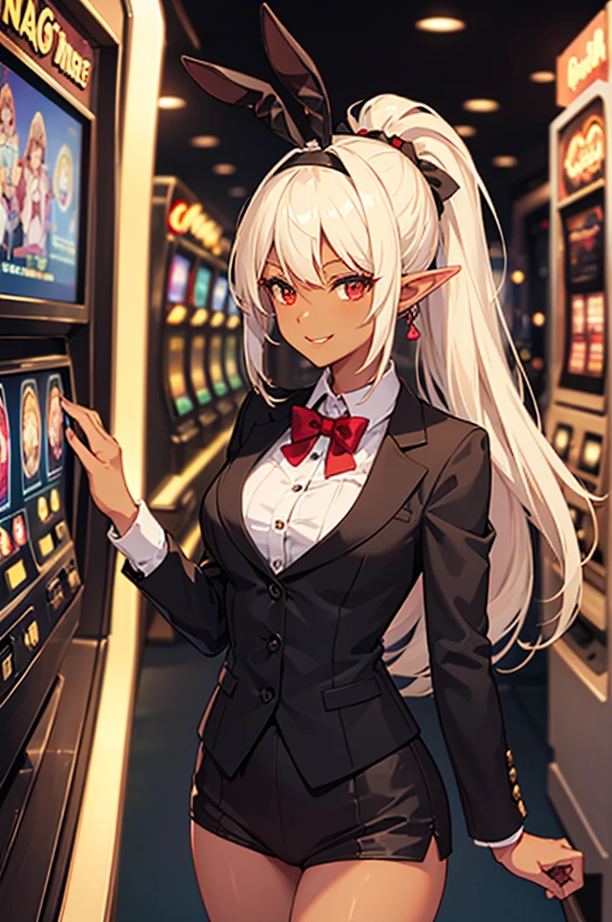 Beautiful images,Detailed Images,Official image,Casino Background,Slot machine corner,One Woman,Blonde,Red Eyes,Ponytail Hair,Model body type,(Dark Skin:1.3),Elf Ears,Large Breasts,(Black bunny ears headband,Black tailcoat bunny girl suit:1.1),Smile small,