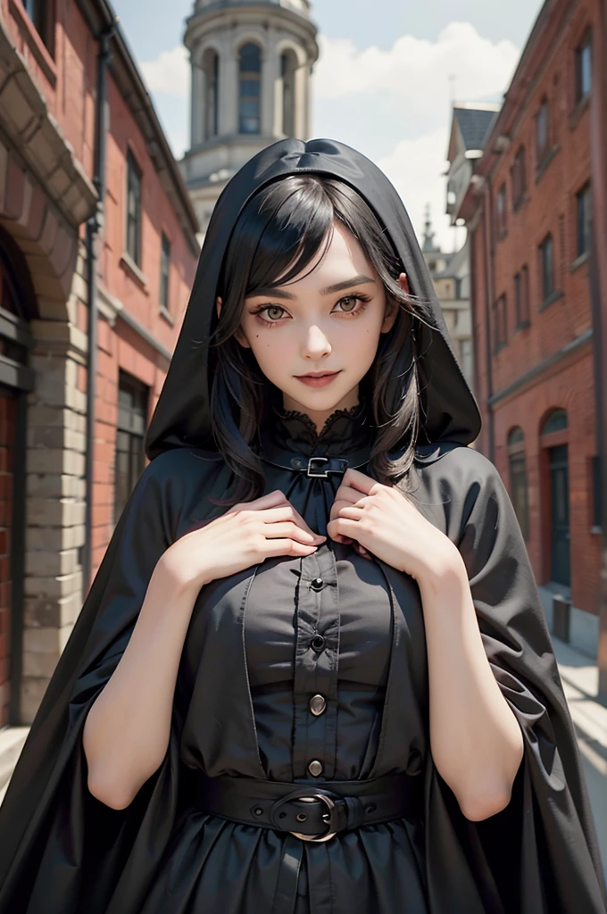 Gothic, vampires, black cloaks, 18th century London, black hair, young face, smile, famous character, high detail of objects, gloomy environment, horror style, good detail of body and hands, full height, high detail 2k