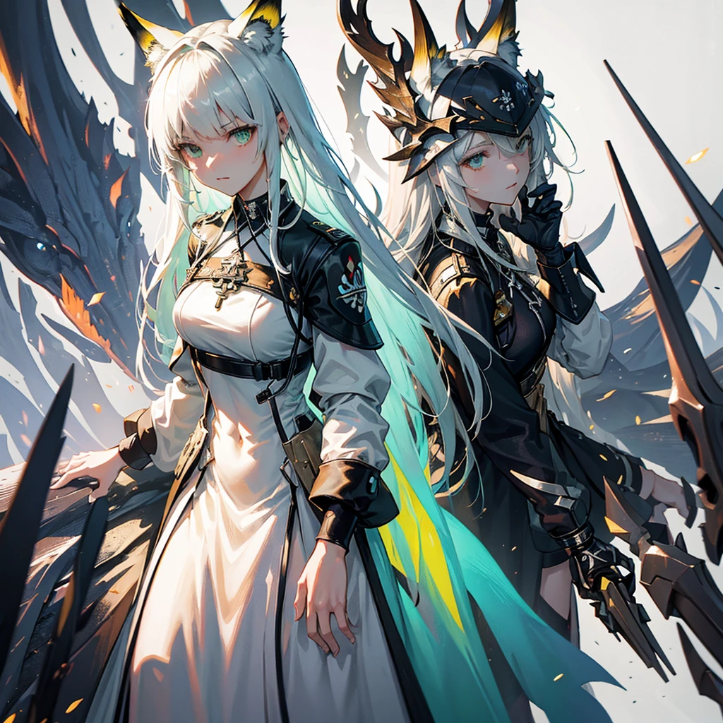 Create an anime-style image of Kal'tsit from the Arknights video game. She is depicted as an elegant anime girl with long, flowing white hair that reaches her waist. She has striking green eyes that exude wisdom and calm intensity. make her fingers and hand detailed, Kal'tsit has fox ears, adding to her distinctive and mystical appearance. She is wearing a beautiful green dress, intricately detailed and fitting the sophisticated aesthetic of the Arknights universe. The dress contrasts with her usual medical attire, providing a fresh and unique look. The dress is adorned with fine details, such as subtle embroidery and elegant patterns. Kal'tsit stands in a dark, mysterious environment, which adds to the contrast and highlights her presence. Her serene and composed expression conveys her authoritative and intelligent nature. The setting should evoke a sense of intrigue and depth, fitting for Kal'tsit's character. The art style should reflect the high-quality, detailed character design typical of Arknights, with a focus on fine details and a polished finish. The image should also incorporate elements of the Kantai Collection style, emphasizing the character's beauty and the intricate details of her outfit, Include references to her role as a medic and a senior member of Rhodes Island, subtly incorporating elements like a choker with a glowing pendant or medical tools. The overall composition should present Kal'tsit as a main character in the Arknights universe, maintaining the official character art style.