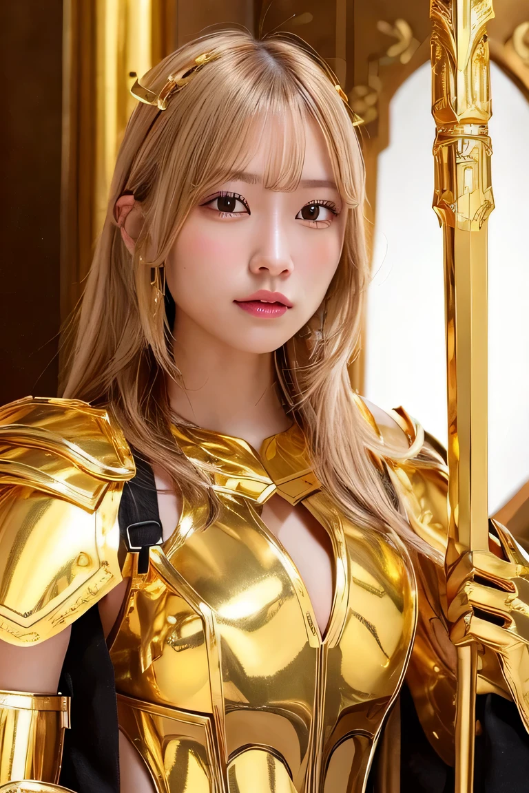 a close up of a woman in a Gold Armor with a sword, angelic Gold Armor, paladin Gold Armor, Gold Armor, Gold Paladin, Gold Armor, Gold Armor, Gorgeous bikini armor, Gold Armor, wearing Gold Armor, Bikini armor female knight, light Gold Armor, heavy Gold Armor, Glowing Armor, Gold heavy armor. dramatic