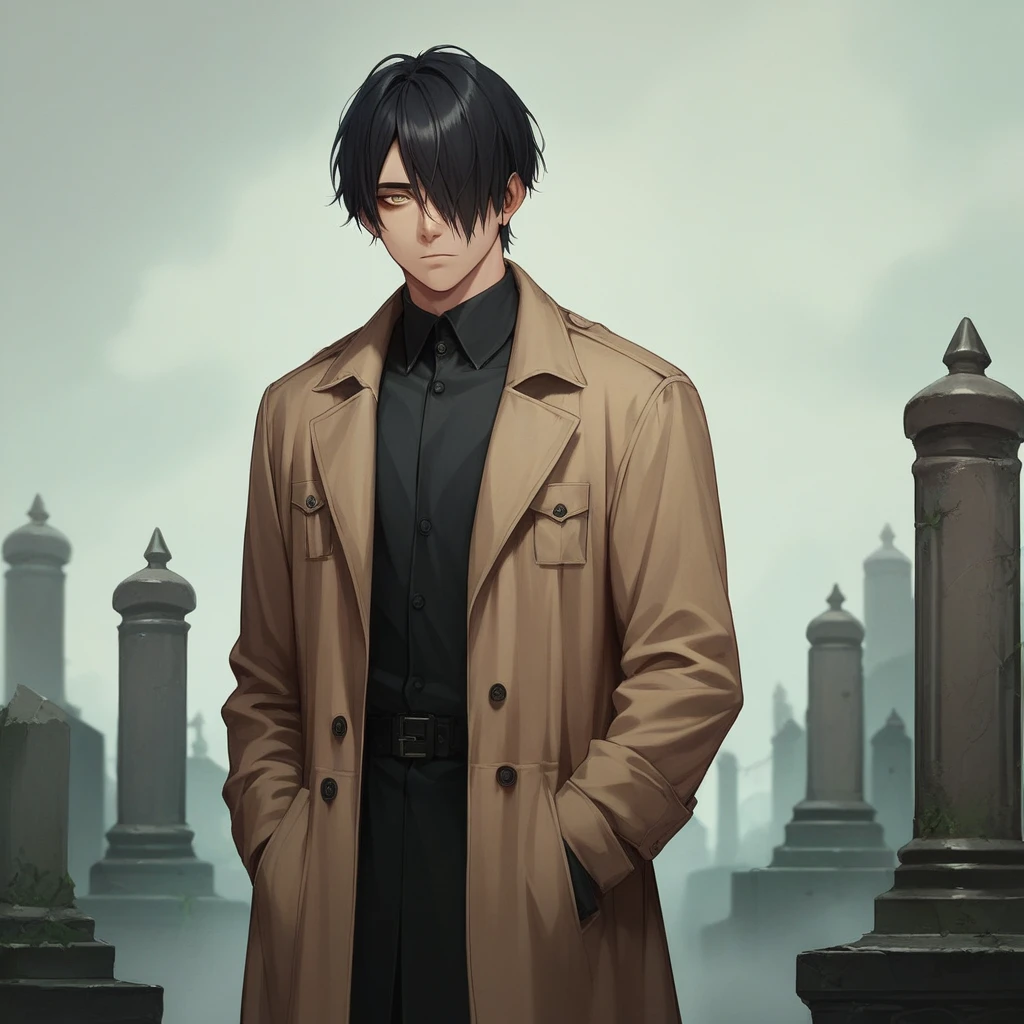 score_9,score_8_up,score_7_up, score_6_up, score_5_up,source_anime,  an akward tall male, in a graveyard, long black hair, hair covering one eye, trench coat, creepy