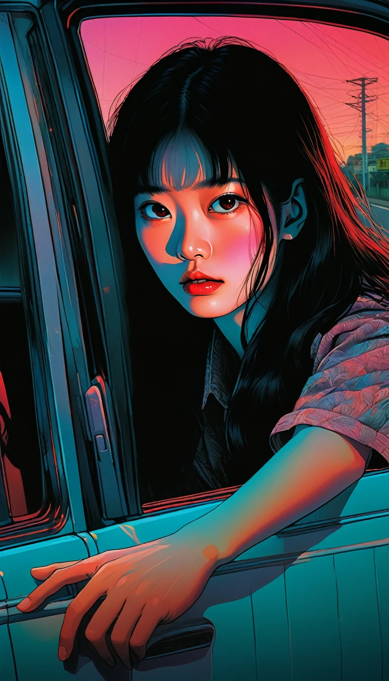 An illustration、art、80s Thai horror movie poster, Supervised by Junji Ito、(In the car:1.0)、evening、Attention to detail, Realistic Shadows、Analog Style, chromatic aberration, Surrealism、Complementary Gradient