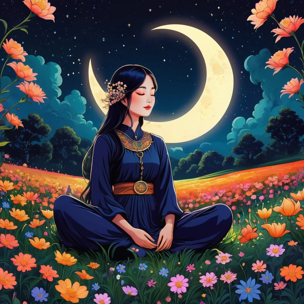 sitting in a field of flowers with a crescent, In the flower field, serene illustration, moon, Flower Meditation, 坐在moon上, Wearing psychedelic witchcraft, psychedelic aesthetic, psychedelic illustration, illustration!, A quiet night. digital illustration, Meditation Postures, ✨🕌🌙, Beautifully depicted