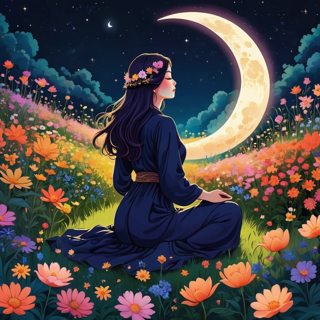 sitting in a field of flowers with a crescent, In the flower field, serene illustration, moon,  Flower Meditation, 坐在moon上, Wearing psychedelic witchcraft, psychedelic aesthetic, psychedelic illustration, illustration!, A quiet night. digital illustration, Meditation Postures, ✨🕌🌙, Beautifully depicted