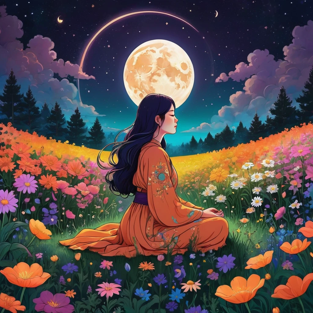 sitting in a field of flowers with a crescent, In the flower field, serene illustration, moon, Flower Meditation, 坐在moon上, Wearing psychedelic witchcraft, psychedelic aesthetic, psychedelic illustration, illustration!, A quiet night. digital illustration, Meditation Postures, ✨🕌🌙, Beautifully depicted