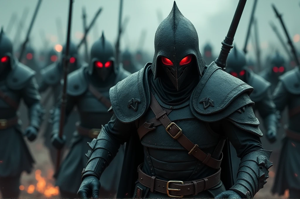 A cinematic, intense close-up of a group of dark warriors in jagged armor, charging forward with sinister weapons. The lead warrior’s face is partially obscured by a dark helmet, only their glowing red eyes visible. The background shows the chaotic battlefield with dark magic swirling in the air. High level of detail and realism to match cinematic quality, capturing the menacing advance of the dark forces.
