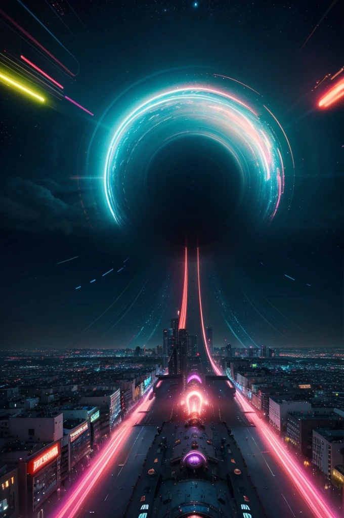 An Ultra-fast first-person POV hyper-lapse rapidly speeding through a swirling, technicolor wormhole into a dazzling, vibrant alien civilization with neon-lit skies and futuristic bustling cityscape