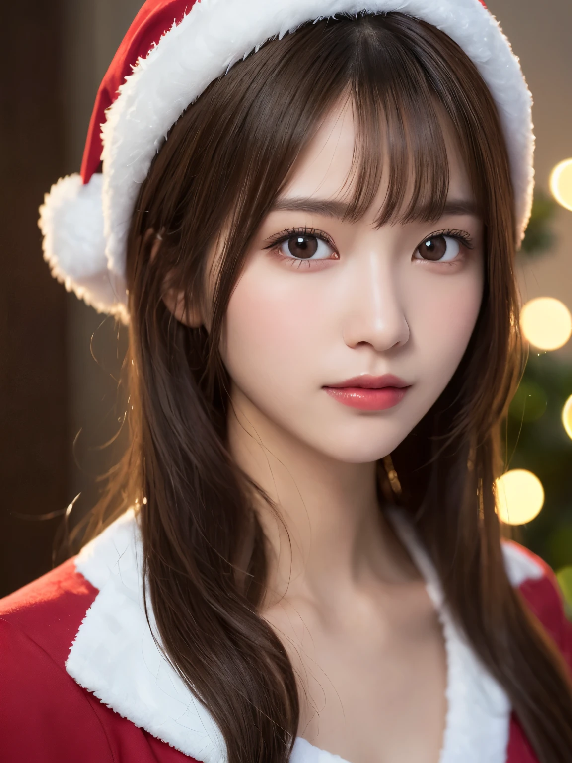 blurred christmas tree background, half body portrait, bust shot, one girl, (a beauty girl, delicate girl:1.3), (20 years old:1.3), break, (santa claus costume), break, (gates of hell:1.2), break, very fine eyes, (symmetrical eyes:1.3), break, small breasts, brown eyes, parted bangs, brown hair, (smile), break, (eyes and faces with detailed:1.0), break, (masterpiece, best quality, ultra detailed, detailed face, 8k)