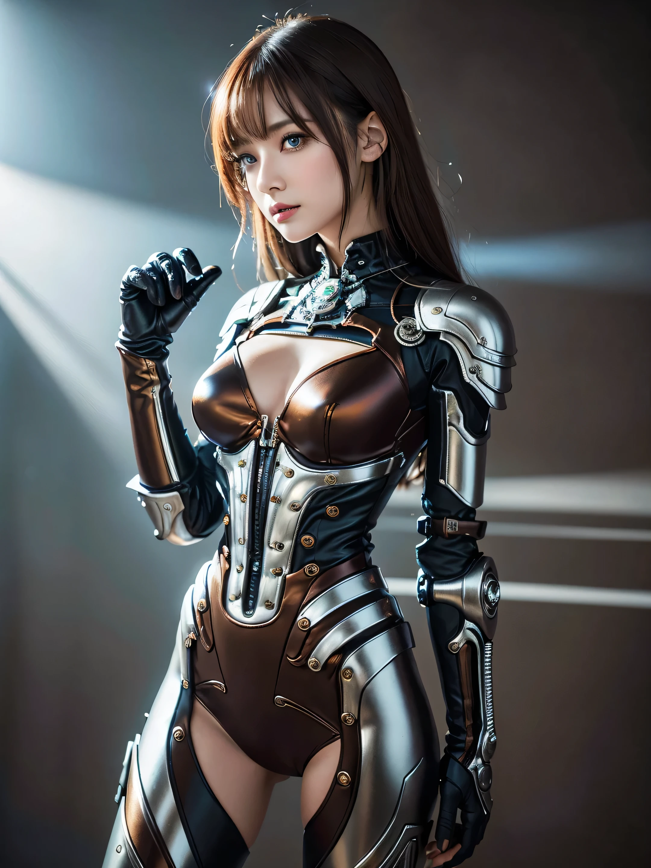 Highest quality、masterpiece、超A high resolution、(Photorealistic:1.4)、((Full body portrait:1.2)) 、Raw photo、1 girl、 Beautiful girls、metals Robot、露出したmetals骨格、metals Mecha Chest、Full Body metalsスキン、全身を覆うmetalsの鱗、metals製のボディ、Full Body metals、Beautiful girls、Prosthetic arm、Prosthetic limbs、Full Body Cyborg、露出したmetals骨格、cyber punk、Steampunk、Super sharp、Huge breasts 、Bare skin exposed in the cleavage、metals、Intricate decorative details、Very intricate detail、Blue eyes、Shining Eyes、A ray of light enters my eyes、To the camera、Mechanical Limbs、Mechanical vertebrae attached to the back of the blood vessels connected to the tubes、Cervical vertebrae mechanically attached to the neck、Wires and cables connecting to the head、Small LED Lamp、(( A suit stained brown from battle:1.2  ))、Anatomical、Facial muscles、Cable Wire Microchip、elegant、Beautiful background、Octane Rendering、HR giger style、Shiny silver beads、Esbian all over body、Future City、Rim Light、Vivid details、Official Art、Highly detailed CG unity 8k wallpaper、absurdes、Unbelievably absurd、Ruined skyscrapers:1.2　Vivid morning sun:1.2、The few green leaves remaining on the roadside turn red and burnt.:1.2、Reminiscent of yesterday&#39;s horror　Broken Building　Building Buildings、Rolling concrete rubble 1.2　、A soft light in it:1.2、Rising white smog;1.1