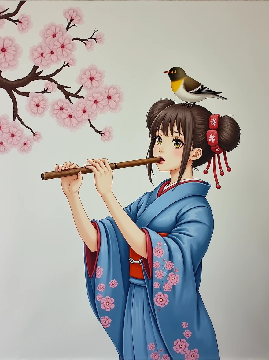 masterpiece, best quality:1.2), with golden eyes and brown hair in twin buns, wearing blue kimono with pink flower patterns, playing on flute, nightingale bird singing, while perching on her head, under cherry blossoms