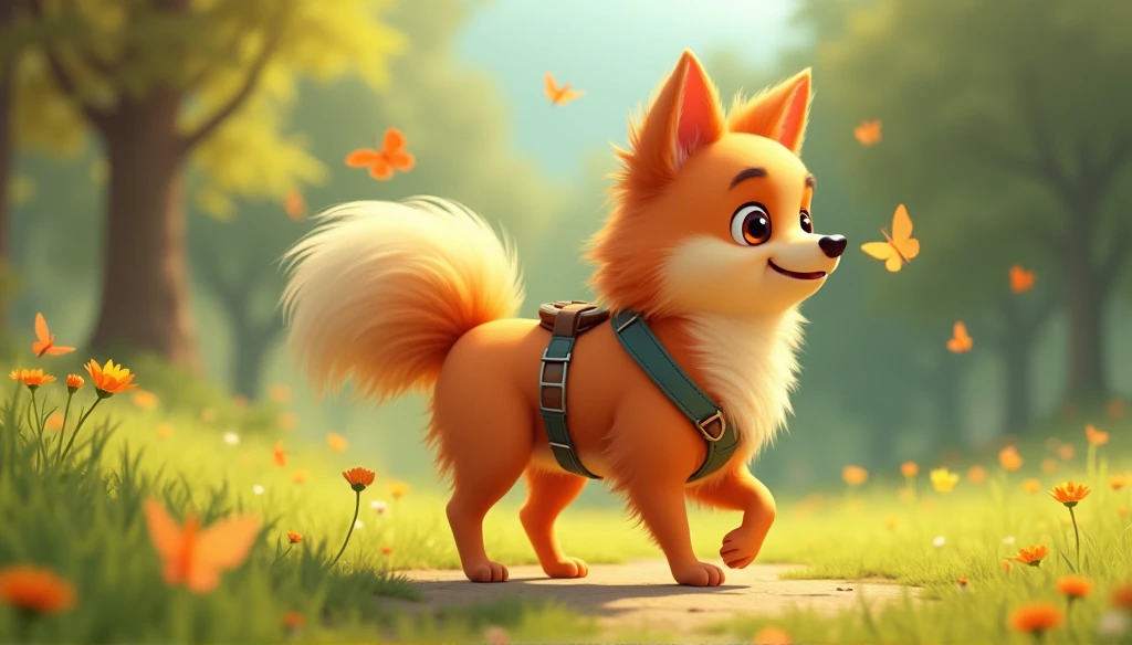 Cute looking german spitz strolling in the park, style cartoon, pixar, ..3d, the first drawing with the body a little more orange, butterflies flying around him