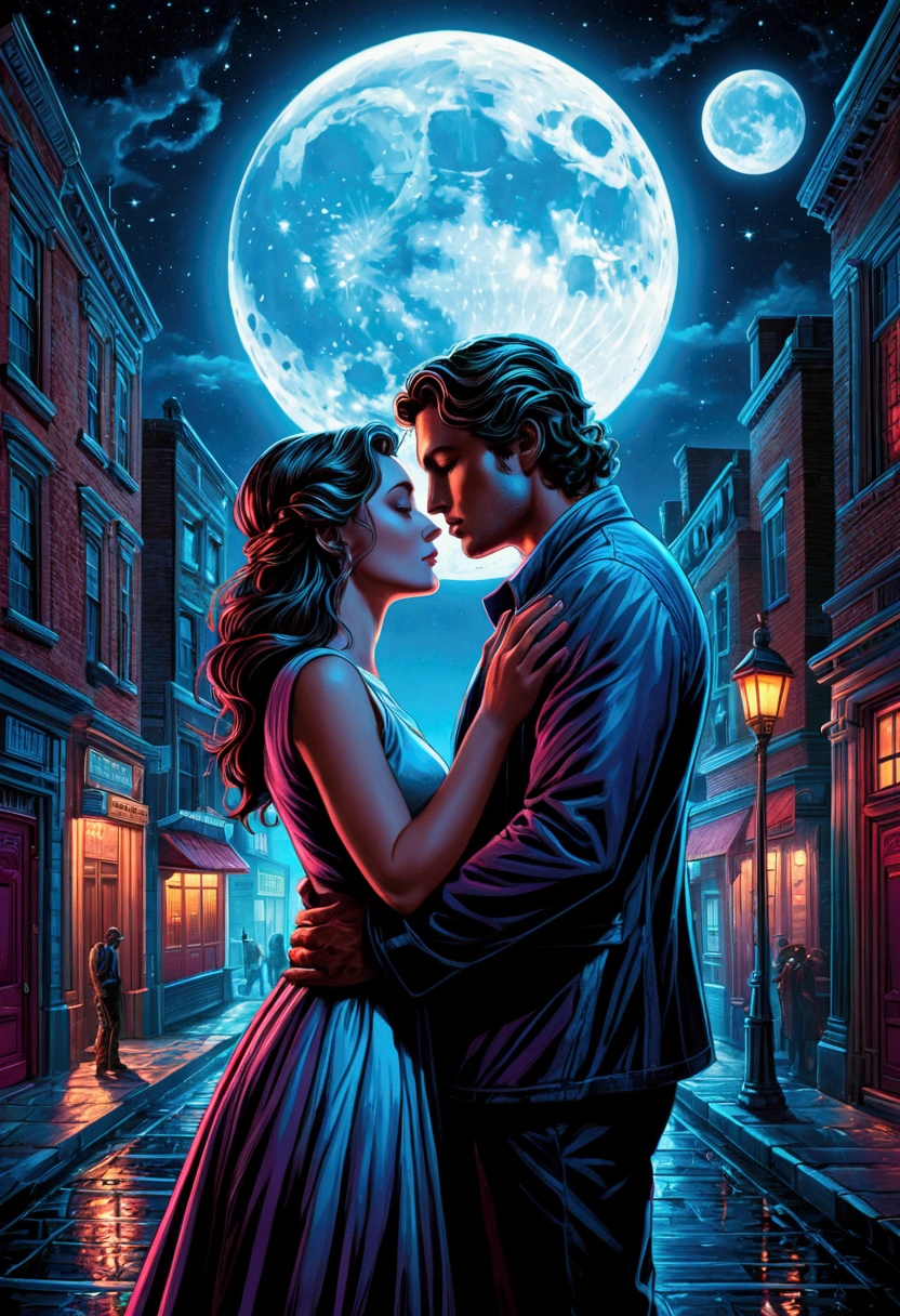 Moonlit Confession, lovers, by dan mumford, cinematic still, dynamic movement, surreal, (best quality, masterpiece, photorealistic), very aesthetic, perfect composition, intricate details, ultra-detailed, vivid colors