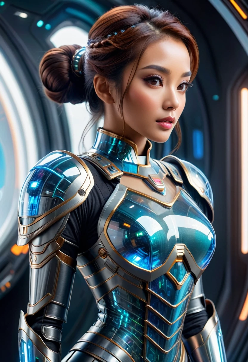 (best quality,4K,high resolution,masterpiece:1.2),Extremely detailed,(Practical,photoPractical:1.37), 1 extremely beautiful princess, (Science Fiction futuristic transparent armor:1.7), Exceptionally ????, Expressive, Tempting face, Lal Oppal, (whole body:1.2), (whole body, Standing on a spaceship:1.4), ?????????, Beautiful and delicate eyes, Beautiful and delicate lips, Extremely detailed的脸部和眼睛, Long eyelashes, Hong Kong style, Hair Bun, HDR, Ultra HD, Studio Lighting, Super Fine, Clear focus, Physically Based Rendering, Extremely detailed的描述, professional, Bright colors, Bokeh, Science Fiction, Concept Art, Headband, (transparent:1.4) (Beautiful long legs, Beautiful thighs:1.5), (???? pose:1.2), (Strike a pose:1.2), (Julia roberts:0.2)
