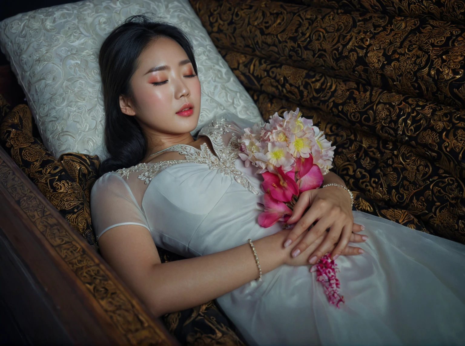 In a striking 8K HDR scene, a stunning Korean woman, 22 years old, lies peacefully in a coffin and coffin cover surrounded by plush pillows behind head. The deep box is set against a rich black background, accentuating the beauty of the subject. Her exquisite deep-V neckline kebaya attire is embroidered with superb detail, showcasing her round and firm breasts, perfect cleavage, and beautiful eyebrows. Her closed eyes and mouth give an air of serenity, while her visible and absolute cleavage leave nothing to imagination. The scene is bathed in saturated colors, highlighting every intricate aspect from the ball skirt to her clean face, straight body, detailed hand perfect hands, straight body, own hands together, own hand on stomach, detailed hands, perfect hands, holding the flowers.