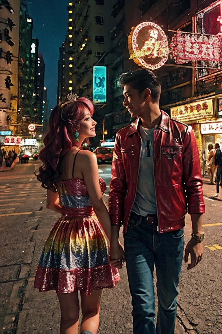 hong kong, night, (giant moon in the sky, man holding a girl hands and look each other and talking, romantic), (Awkward,blush :1.3), y 2 k cutecore crowncore, Lovely Decora Rainbow Core, Lovely high quality rendering, Candy Girl, Deco, Unreal Engine : : Carnival Makeup, Working Girl, raver girl, Glitch Punk Girl, soda themed girl, Lively and cheerful, 80s pin-up style, 