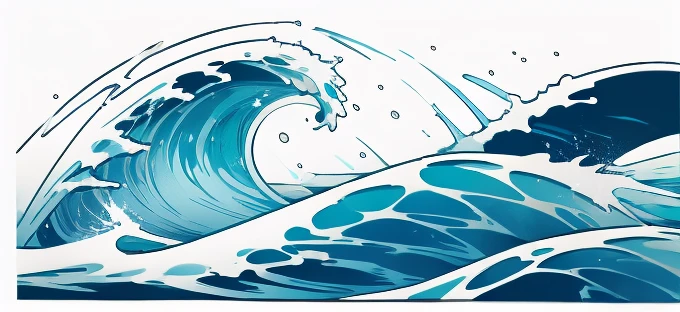 Wave design, Simple, pattern, Can draw, 美しいWave design, Japanese style、Ukiyo-e、No border、There is momentum、Monotonous colors、White background、Only waves、Full Screen、drop、round、(The wave breaks in the middle)