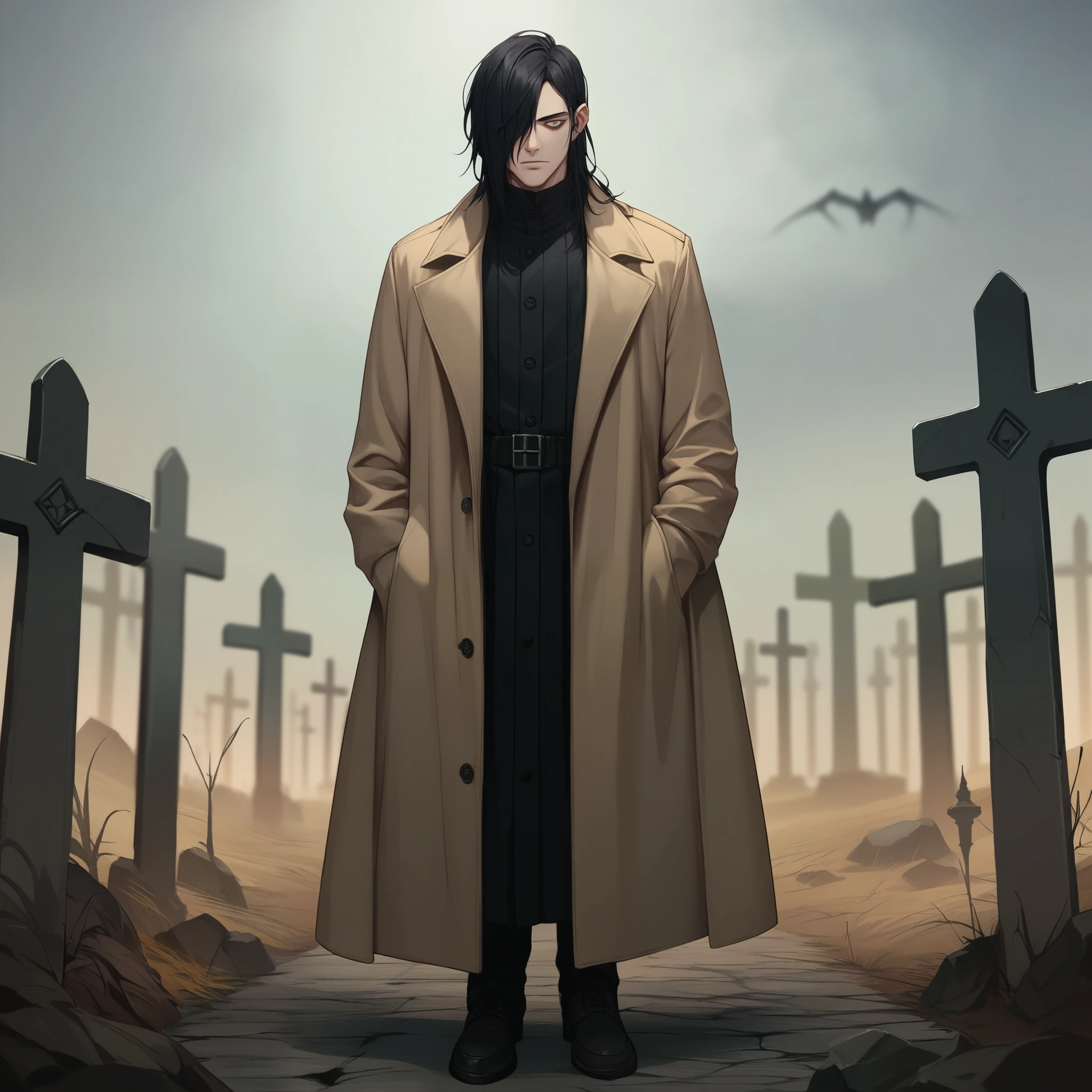score_9,score_8_up,score_7_up, score_6_up, score_5_up,source_anime, an akward tall male, in a graveyard, long black hair, hair covering one eye, trench coat, creepy