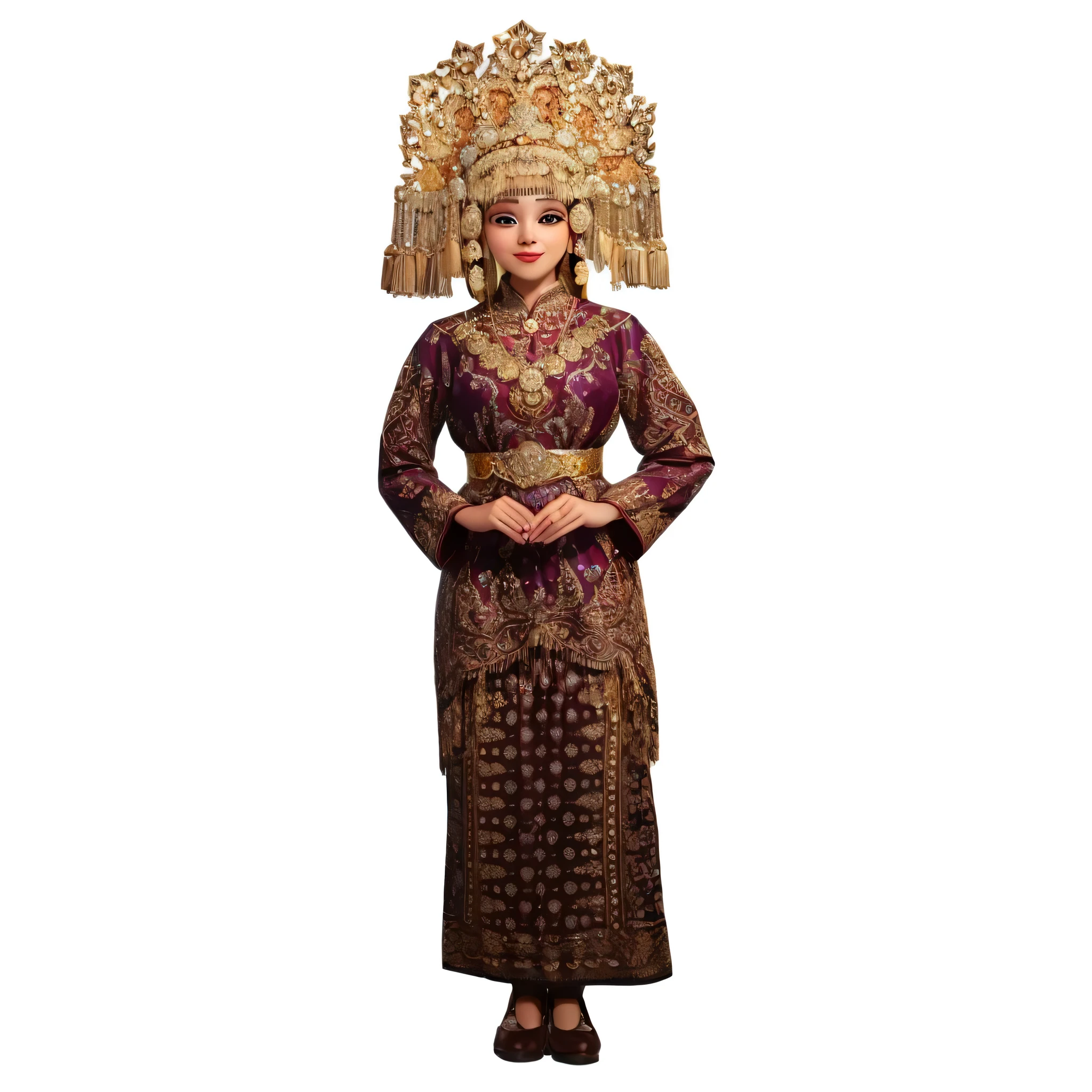 a close up of a woman in a traditional dress with a headdress, indonesian traditional dress, traditional dress, wearing authentic attire, traditional costume, traditional clothes, authentic costume, traditional clothing, batik, high quality theatre costume, wearing ornate clothing, ornate attire, wearing an ornate outfit, costume, royal gown, traditional tai costume, wearing traditional garb, elaborate costume