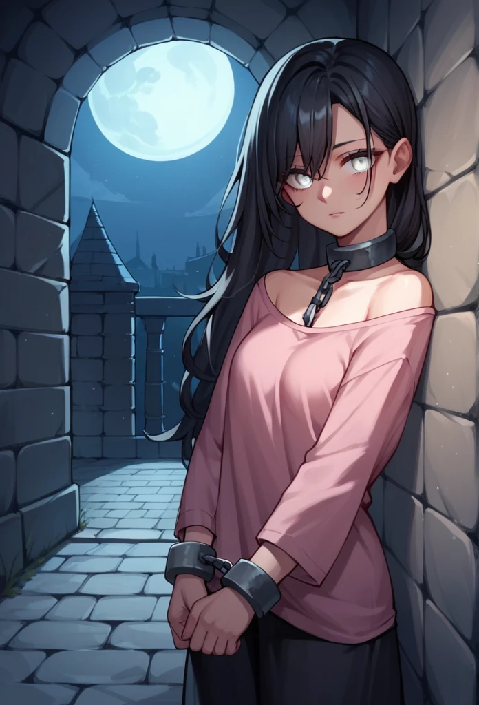 score_9, score_8_up, score_7_up, score_6_up, score_5_up, score_4_up, source_anime, 1girl, worth, black hair, loose hair, white eyes, chocker, w-w-chain, shackles ,put on hand's, long hair, pink shirt, wall, night, dungeon, best quality, best res, 4K UHD,