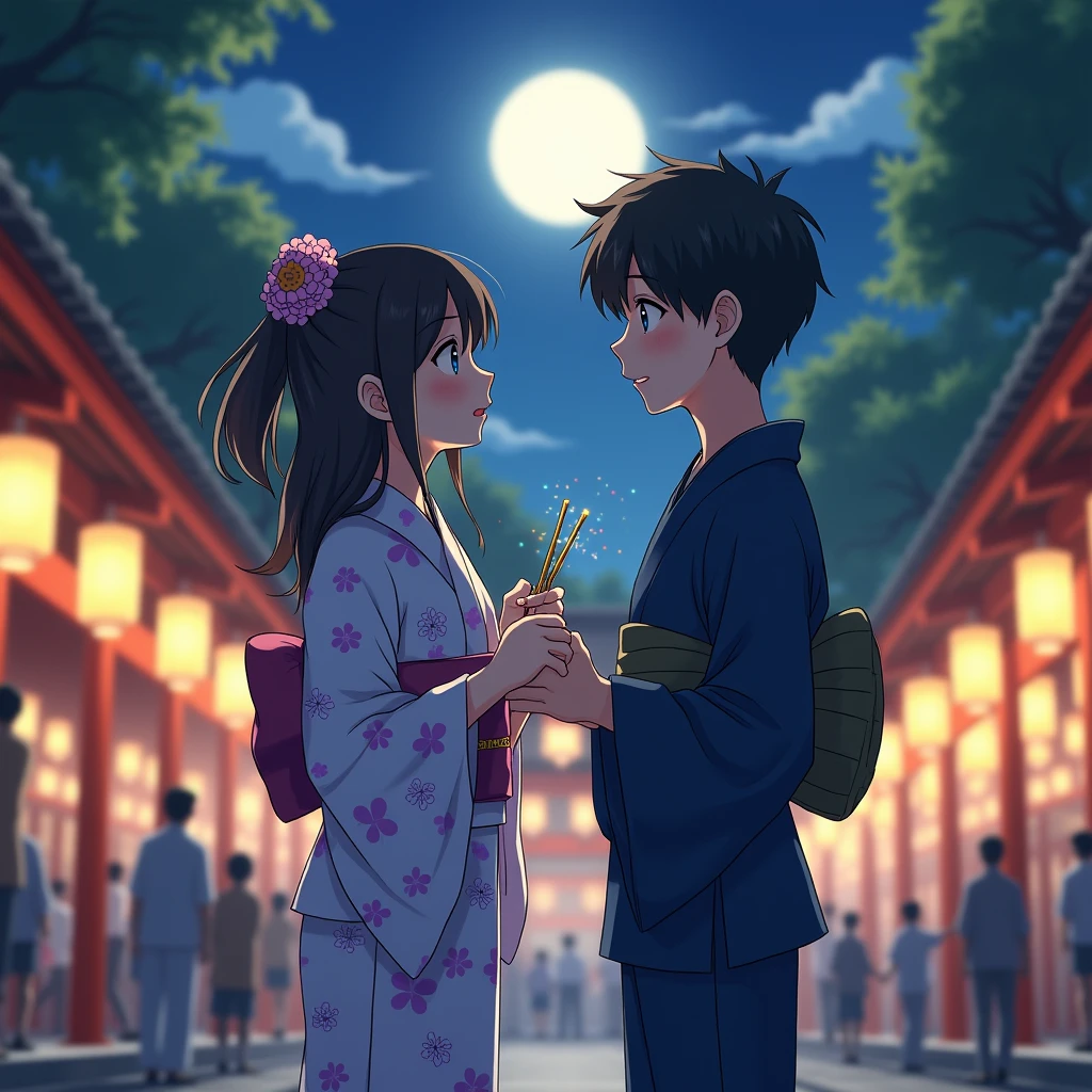 summer night、The shrine grounds illuminated by the full moon、Wrapped in the soft light of lanterns。People in yukata々comes and goes、As the excitement of the festival spreads、境内の一角でひandきわ目立つ二人の姿があった。
A girl wearing a yukata with a purple flower pattern on a white background、Standing with a tense look on one's face。夜風がそっand髪を揺らし、In her hands、A small bag of fireworks was in his hand.。Before that、A boy wearing a navy blue yukata is standing、He stares at her without looking away.。
「Shall we?、ちょっandいいかな?」and、A girl shouts out。Boys、He opened his eyes wide in surprise for a moment,、I nodded immediately.、I waited for her words。Her cheeks were lightly flushed.、Feeling my heart beat faster、ゆっくりand息を整える。
「Actually,、前からずっand言いたかったこandがあって…」Though my voice was trembling a little、Her eyes are serious。「I、あなたのこandが好きです。ずっand、ずっand。」
The moment I finished speaking、The girl's face turned red、視線を落andす。In the quiet grounds、The sounds of the festival echo in the distance、There's a moment of silence between the two of them.。
Boys、Although he seemed surprised by the confession,、With a smile、Gently take her hand。「ありがandう。Me too、君のこandが好きだよ。」Saying that、彼はそっand彼女の手を握りしめた。
summer night風が再び吹き抜け、Warm happiness fills our hearts。That moment、The world around them seemed to shine brighter.。