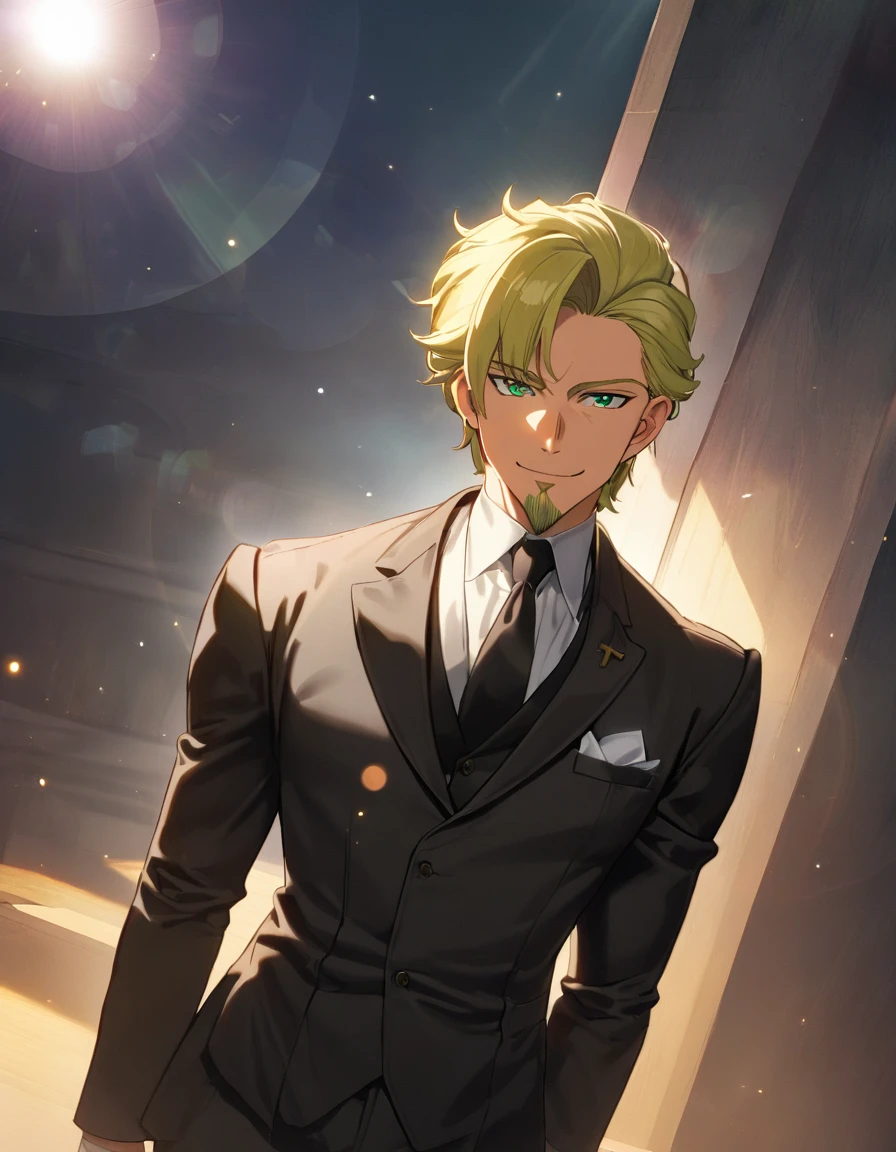 1man, veteran spy agent, handsome mature, business hair with asymmetrical bangs, narrow goatee, green platina blond hair, emerald eyes, 45yo, charming caucasian, ordinary uncle, hexagon shaped face, quiet boss, BREAK ideal ratio body proportions, middle weight muscular, dark pupil, beautiful detailed eyes, broad waist, BREAK solo, businessman in black suit, black necktie, white shirt, funeral clothing, friendly smile, BREAK upperlegs, dandy posing, dramatic expression, 2000s, retro visual novel, in newest eroge style, in korean anime style, dutch angle, flat shadows, cinematic lighting, lens flare, light leaks, texture, absurdres absolutely resolution, extreme all detailed, masterpiece, best quality