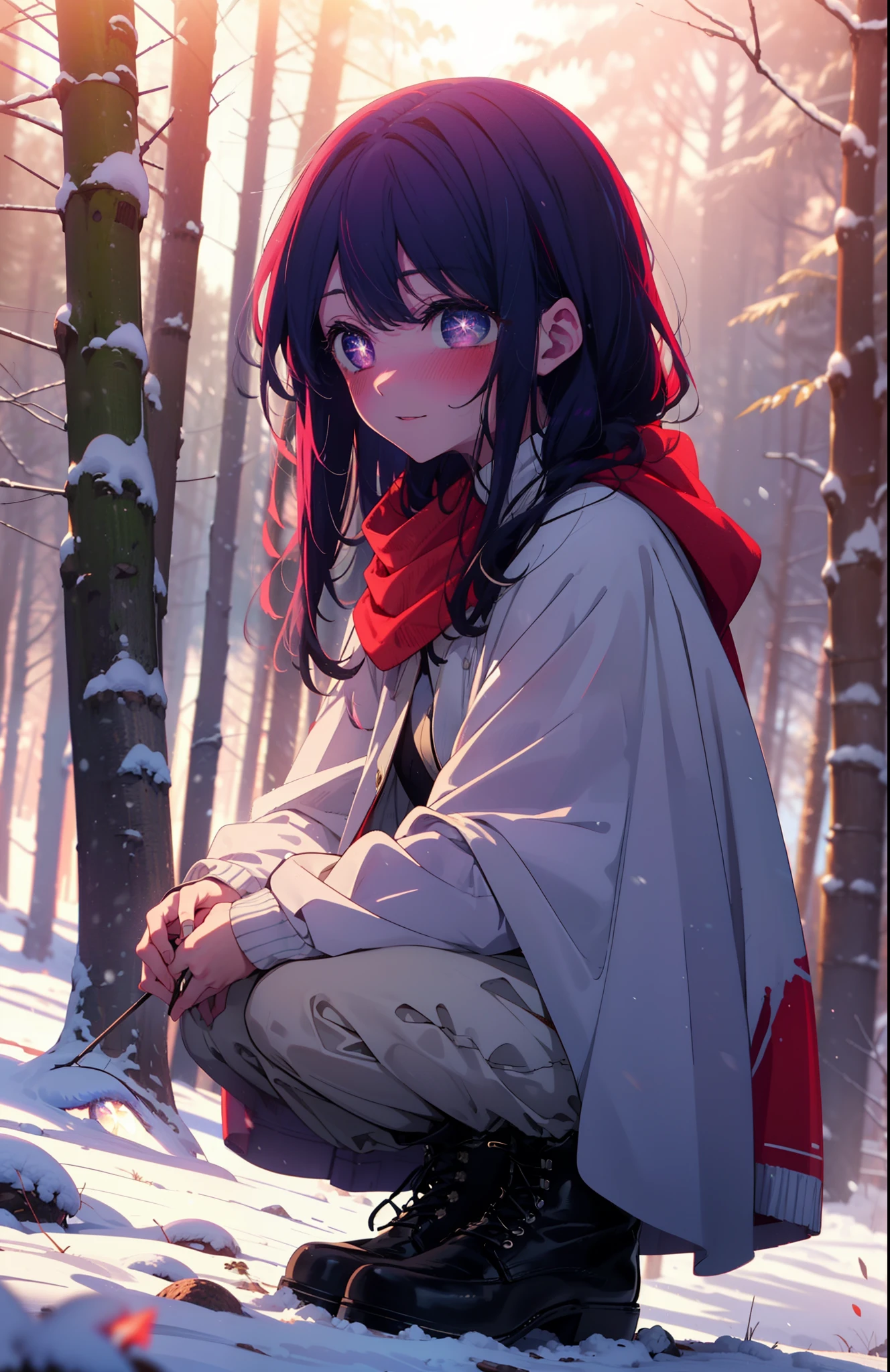 aihoshino, Ai Hoshino, Long Hair, bangs, (Purple eyes:1.1), Purple Hair, (Symbol-shaped pupil:1.5), smile,,smile,blush,white breath,
Open your mouth,snow,Ground bonfire, Outdoor, boots, snowing, From the side, wood, suitcase, Cape, Blurred, , forest, White handbag, nature, Squat, Mouth closed, Cape, winter, Written boundary depth, Black shoes, red Cape break looking at viewer, Upper Body, whole body, break Outdoor, forest, nature, break (masterpiece:1.2), Highest quality, High resolution, unity 8k wallpaper, (shape:0.8), (Beautiful and beautiful eyes:1.6), Highly detailed face, Perfect lighting, Highly detailed CG, (Perfect hands, Perfect Anatomy),