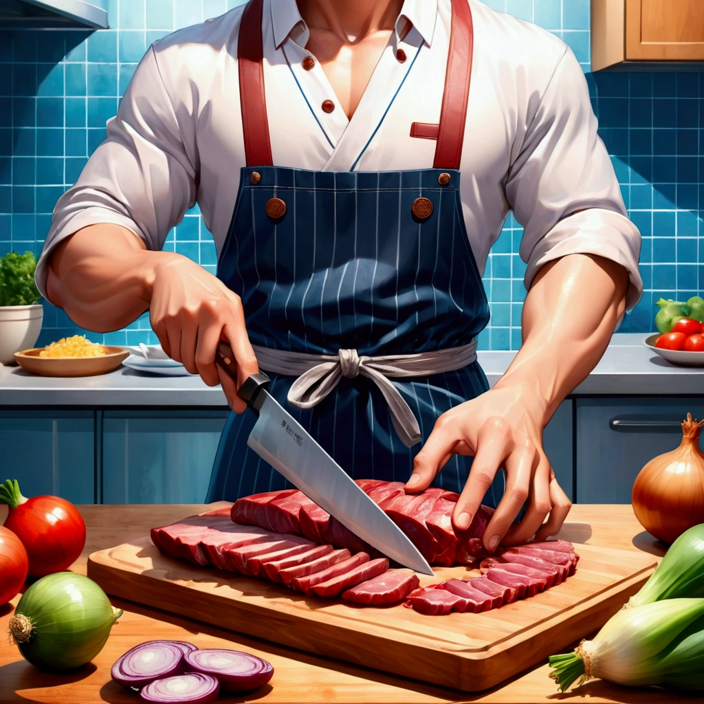 anime style butcher cutting board,knife,food,kitchen knife,male focus,独奏,holding knife,Meat,holding,1boy,onion,(Food close-ups:1.1),