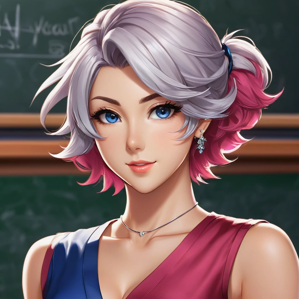 yugioh art style, character design, character concept art, realistic manhwa art for beautiful striking female teacher in the classroom, crimson hair with pink tips, blue Hair bobbles, bob haircut, blue eyes, light make-up, ruby lips, smooth, soft face, sculpted body, toned physique. she wearing sleeveless satin shirt that is white, classic collar shirt, cropped shirt, deep v-neck, elegant, passionate and beauty, red skirt, silver bracelet. Miki Asai Macro photography, vector art, sketch art, hyper detailed, trending on artstation, semi-realistic, sharp focus, studio photo, intricate details, highly detailed, by greg rutkowski. Gorgeous teacher stands confidently in the classroom with class board behind her.1 fille, Solo, Résolution Haute, Seins, Sourire, Yeux bleus, Cheveux Bleus, Résolution Haute, Œuvre d'art, Précis, Anatomie correcte, Qualité Meilleure, Details, Très détaillé, UHD, Cheveux Longs, Cheveux Bleus, Gros seins, Sourire, Yeux bleus, Lèvres Entrouvertes, Maquillage, Facteur de flare, Grain de Film, Bokeh, Lmière brillante, 