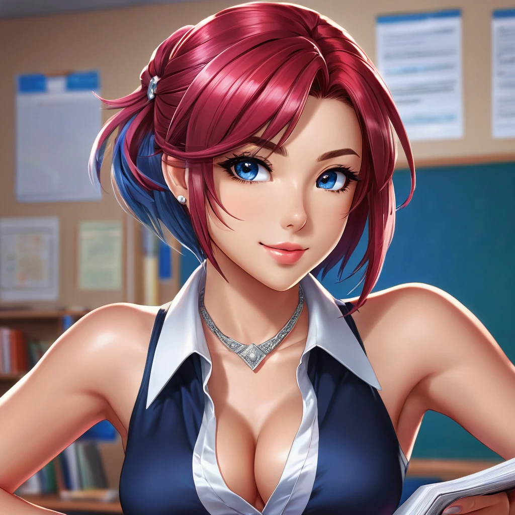 yugioh art style, character design, character concept art, realistic manhwa art for beautiful striking female teacher in the classroom, crimson hair with pink tips, blue Hair bobbles, bob haircut, blue eyes, light make-up, ruby lips, smooth, soft face, sculpted body, toned physique. she wearing sleeveless satin shirt that is white, classic collar shirt, cropped shirt, deep v-neck, elegant, passionate and beauty, red skirt, silver bracelet. Miki Asai Macro photography, vector art, sketch art, hyper detailed, trending on artstation, semi-realistic, sharp focus, studio photo, intricate details, highly detailed, by greg rutkowski. Gorgeous teacher stands confidently in the classroom with class board behind her.1 fille, Solo, Résolution Haute, Seins, Sourire, Yeux bleus, Cheveux Bleus, Résolution Haute, Œuvre d'art, Précis, Anatomie correcte, Qualité Meilleure, Details, Très détaillé, UHD, Cheveux Longs, Cheveux Bleus, Gros seins, Sourire, Yeux bleus, Lèvres Entrouvertes, Maquillage, Facteur de flare, Grain de Film, Bokeh, Lmière brillante, 