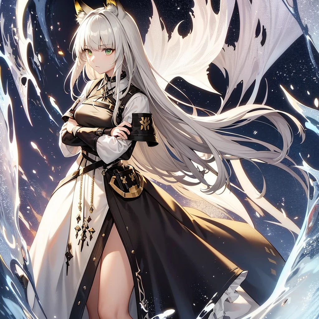 Create an anime-style image of Kal'tsit from the Arknights video game. She is depicted as an elegant anime girl with long, flowing white hair that reaches her waist. She has striking green eyes that exude wisdom and calm intensity. make her fingers and hand detailed, 2 hand and 5 fingers each hand, Kal'tsit has fox ears, adding to her distinctive and mystical appearance. She is wearing a beautiful green dress, intricately detailed and fitting the sophisticated aesthetic of the Arknights universe. The dress contrasts with her usual medical attire, providing a fresh and unique look. The dress is adorned with fine details, such as subtle embroidery and elegant patterns. Kal'tsit stands in a dark, mysterious environment, which adds to the contrast and highlights her presence. Her serene and composed expression conveys her authoritative and intelligent nature. The setting should evoke a sense of intrigue and depth, fitting for Kal'tsit's character. The art style should reflect the high-quality, detailed character design typical of Arknights, with a focus on fine details and a polished finish. The image should also incorporate elements of the Kantai Collection style, emphasizing the character's beauty and the intricate details of her outfit, Include references to her role as a medic and a senior member of Rhodes Island, subtly incorporating elements like a choker with a glowing pendant or medical tools. The overall composition should present Kal'tsit as a main character in the Arknights universe, maintaining the official character art style.